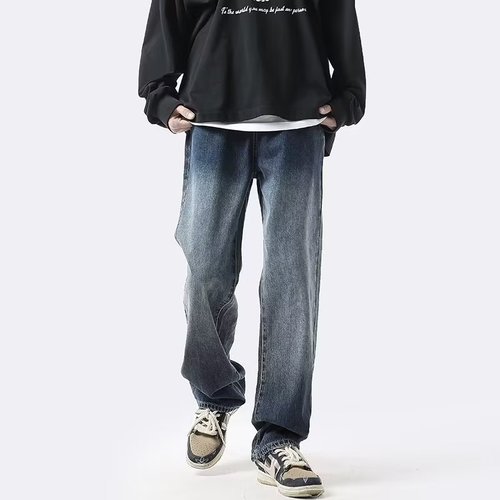 Retro Washed Gradient Denim Jeans for Men - Summer and Autumn American Trend Loose Fit Universal Straight Leg Ground-Length Pants