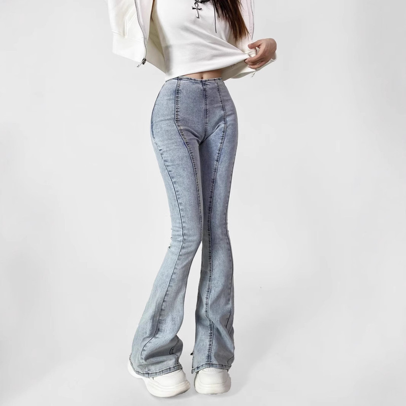 Side Zipper Slit Jeans for Women, Spring and Autumn, Tight-Fitting Long Pants, High-Waisted, Patchwork, Slightly Flared, Retro Bell-Bottom Floor-Length Pants
