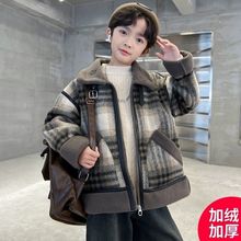 男童冬装羊羔绒外套格子新款冬季加绒加厚中大儿童男孩秋冬款棉服