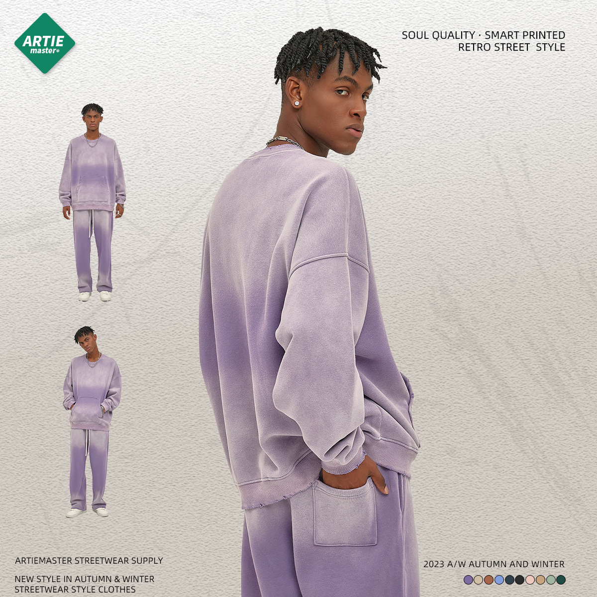 ARTIE ropa de hombre 2023 Otoño e Invierno Nuevo 360g teñido en aerosol angustiado suéter de cuello redondo suéter de hombre lavado desgastado