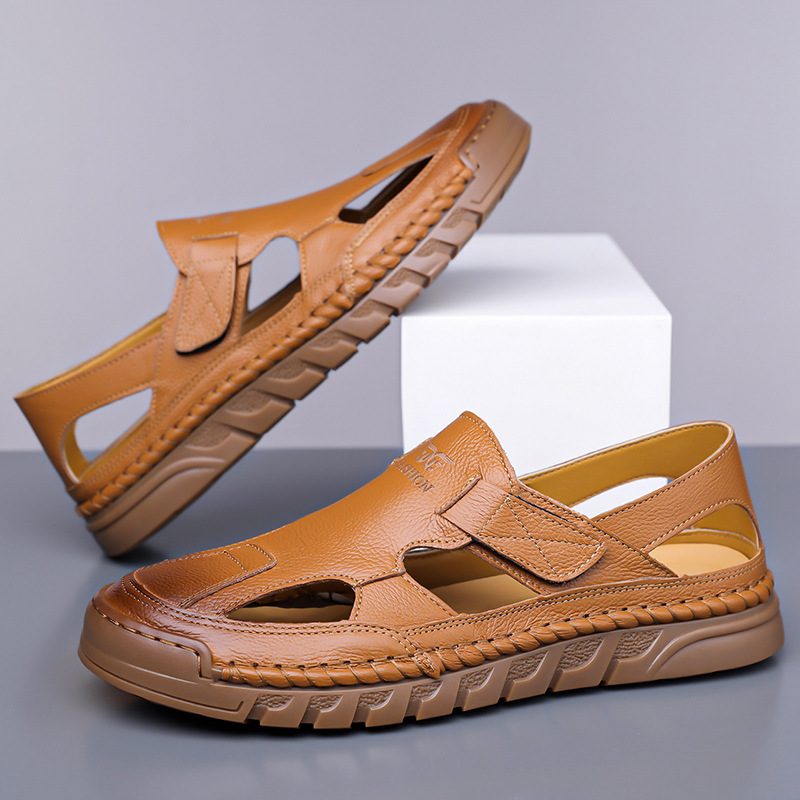 Zapatos de verano para hombres con suela suave transpirables zapatos casuales con un pie de calzado, sandalias de cuero vacías cosidas a mano