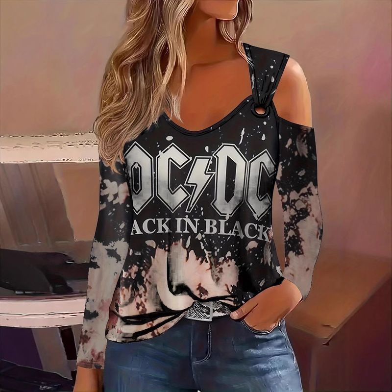 Cross-Border European and American New Women's Clothing Amazon Aliexpress Printed Long-Sleeved Large Round Neck Large Ring Cold Shoulder Sleeve T-Shirt
