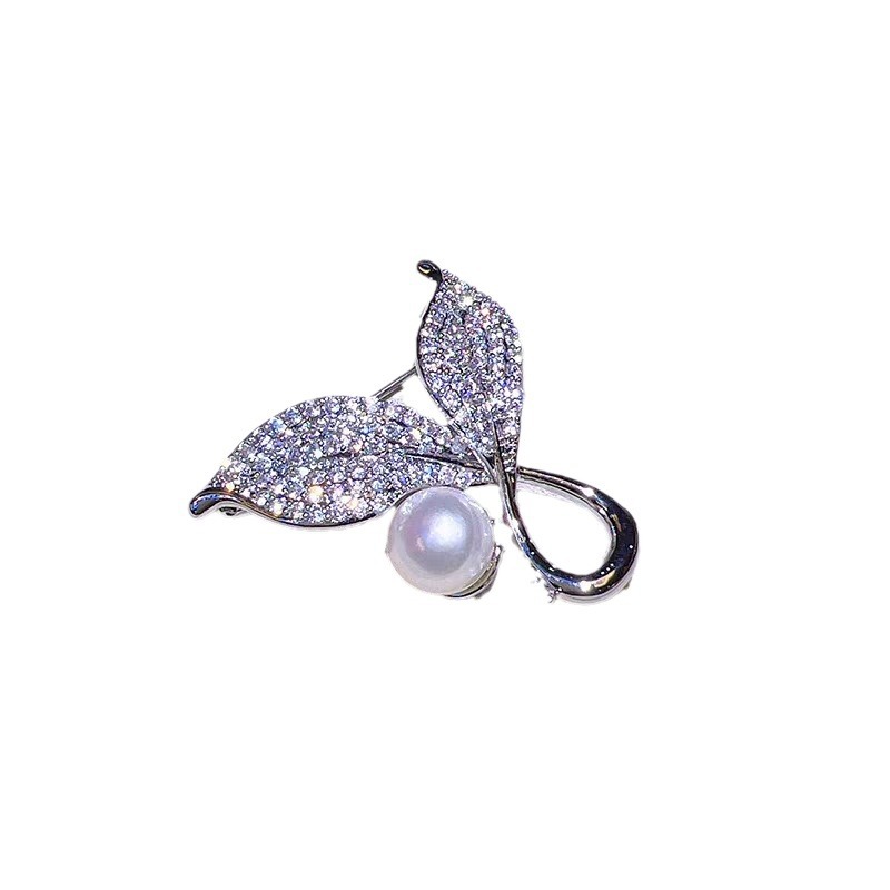 Elegante broche de folha com pérola para mulher estrás ouro_voghion.com
