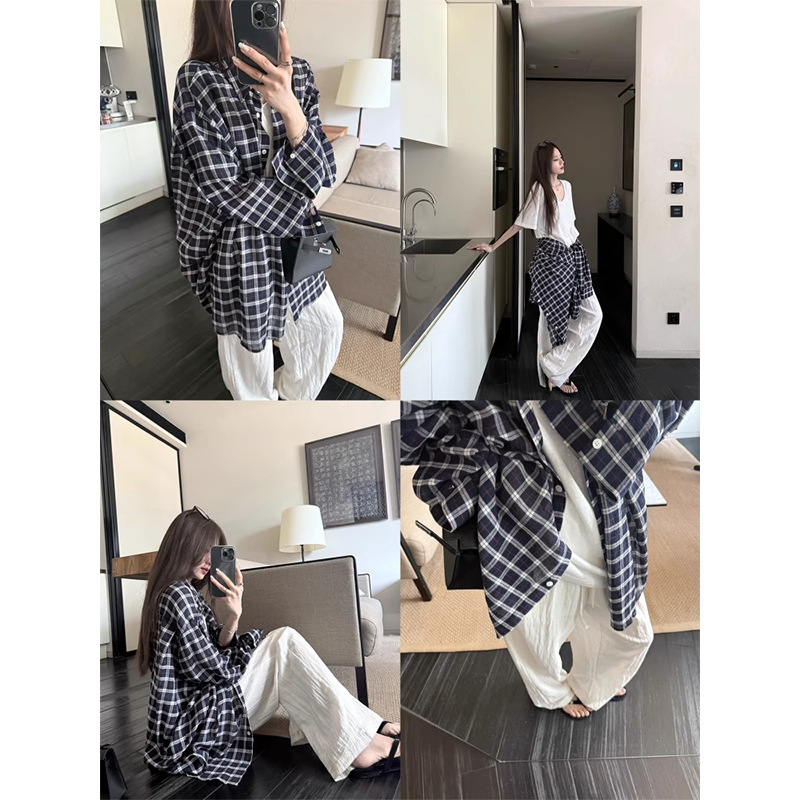 Tianxuan Plaid Color Matching Huge Loose Plaid Shirt Sun Protection Top for Women Summer