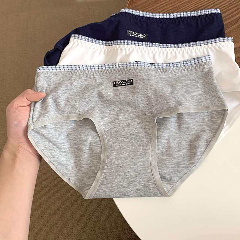 Japanese-Style Minimalist College-Style Pure Cotton Women's Mid-Waist Plaid-Edged Breathable Young Girl Student Cotton Panties