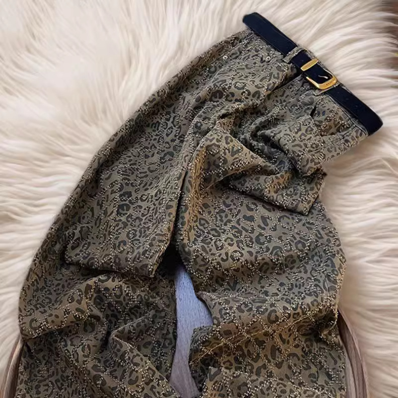 Dames jeans hoge taille luipaardprint rechte denim broek stretch_voghion.com