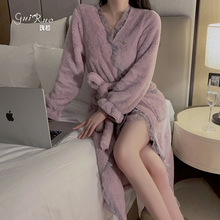 瑰若法兰绒秋冬加厚腰带蕾丝拼接长款开襟外袍缎面睡裙套装P3003