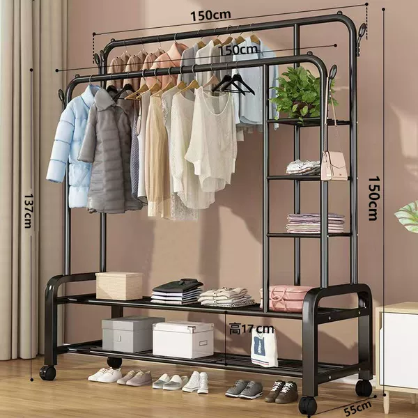 [Hot sale in the store] 150cm black - double layer double pole [side storage net + wheel