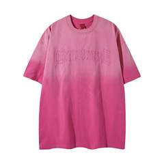 高街国潮噴染グラデーション半袖男性潮牌アルファベット刺繍tシャツアメリカ潮牌ゆるい丸首半袖夏