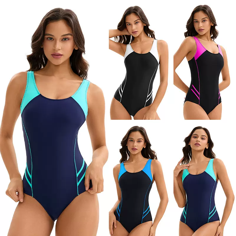 欧美新款连体泳衣女保守运动拼色无袖潜水服性感露背三角外贸泳装