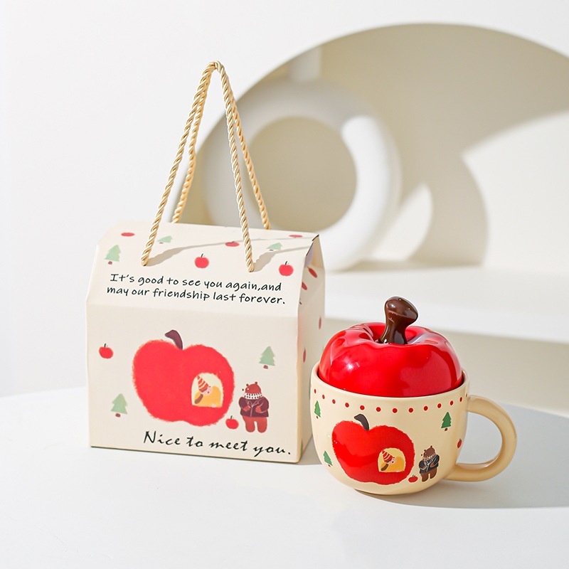 Regalos de Año Nuevo, copas de manzana retrógradas con tapa y cucharas, cajas de regalo para regalo de cumpleaños para amigos.