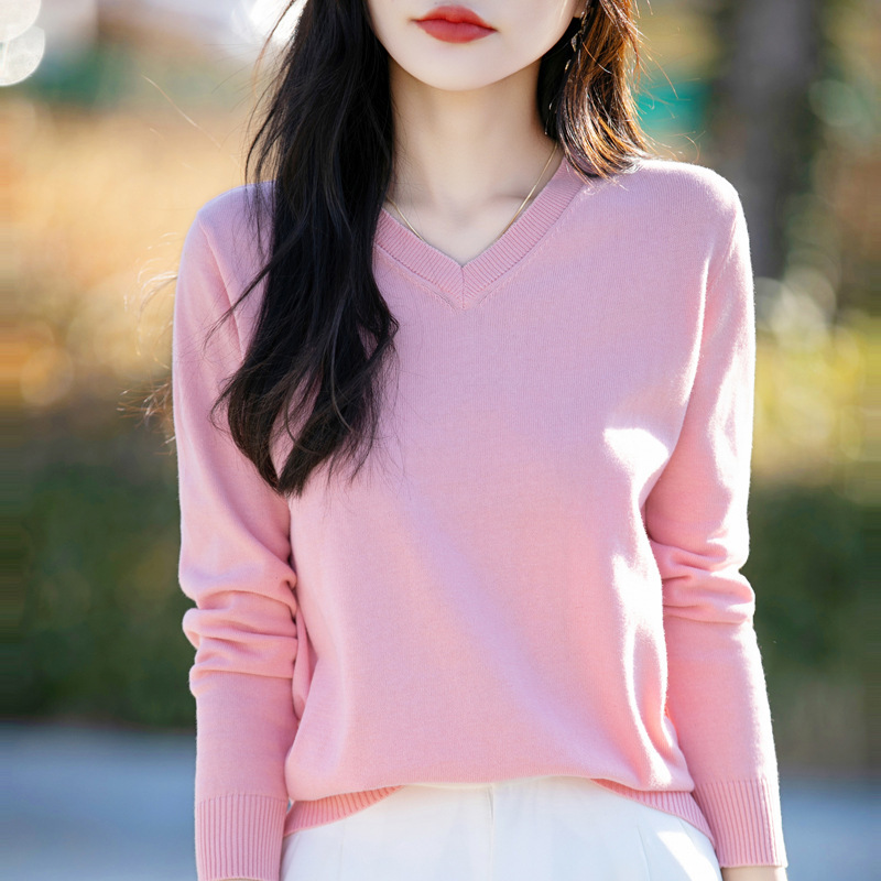 Cross-Border Cotton Autumn New V-Neck Knit Sweater Long-Sleeve Loose Pullover Simple Solid Color Stylish Base Shirt Women's Clothing