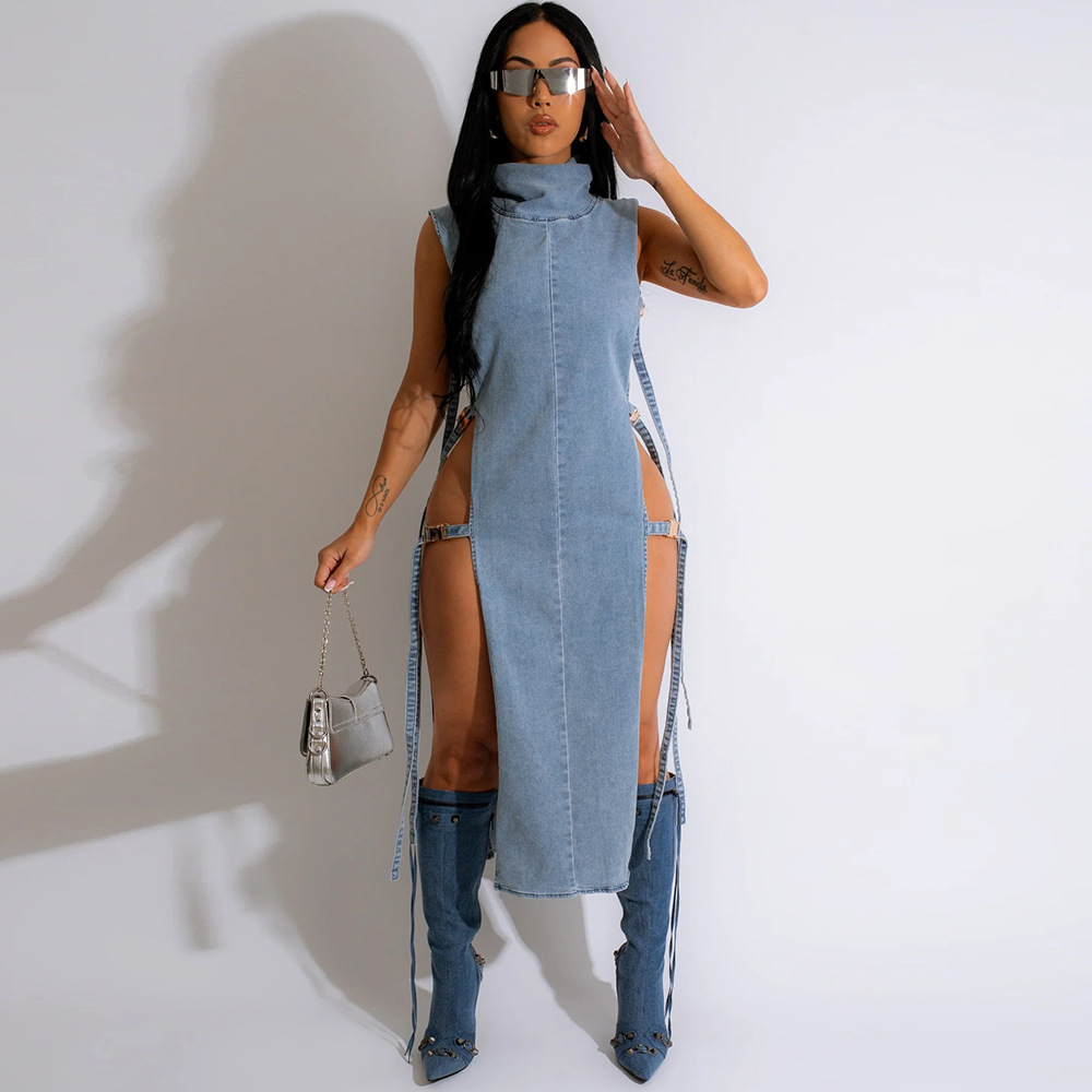 Denim Dress Sexy Cutout Washed Turtleneck Dress Women