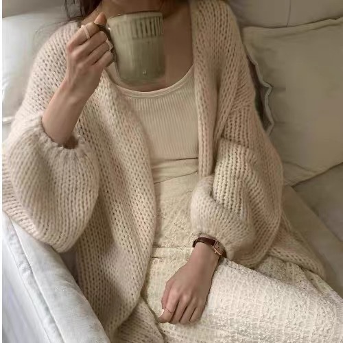韩系慵懒风灯笼袖针织开衫女秋冬软糯毛衣外套宽松大版外搭罩衫|undefined