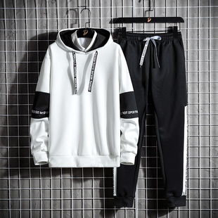 Knitted suit cross-border men's autumn polar fleece hooded sweater two-piece Korean slim fit cropped pants sports