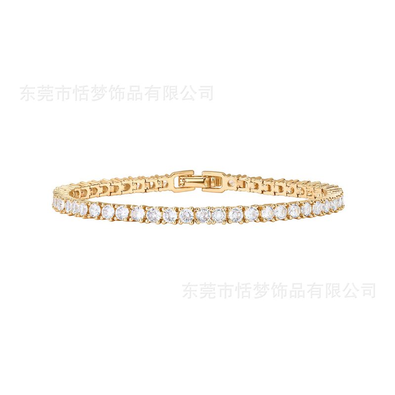 Stainless Steel 18K Gold-Plated Tennis Zircon Chain Bracelet with Diamond Accents, European and American Fashion, Simple and Unique Style Jewelry