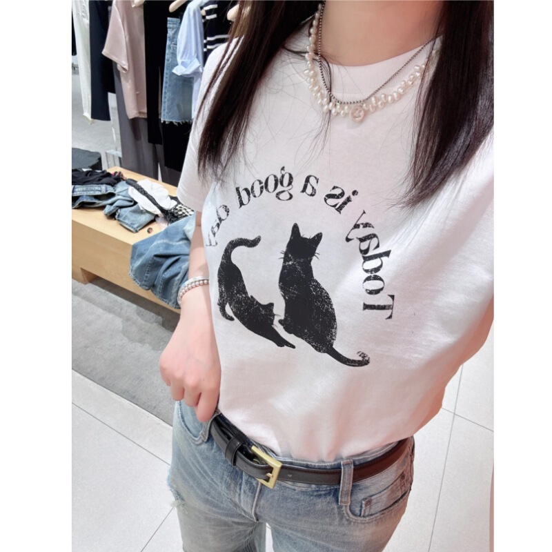25SS YBオープン/ニッチデザイナーMoの猫かわいいプリントレター半袖ルーズTシャツ女性用|undefined