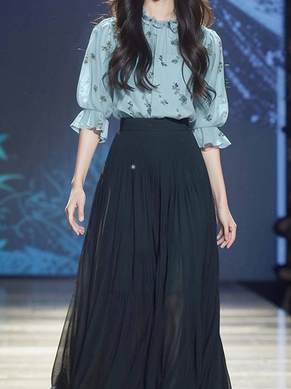 茶系穿搭一整套绿色碎花衬衫半裙套装2025年新款女装早秋时尚减龄|undefined