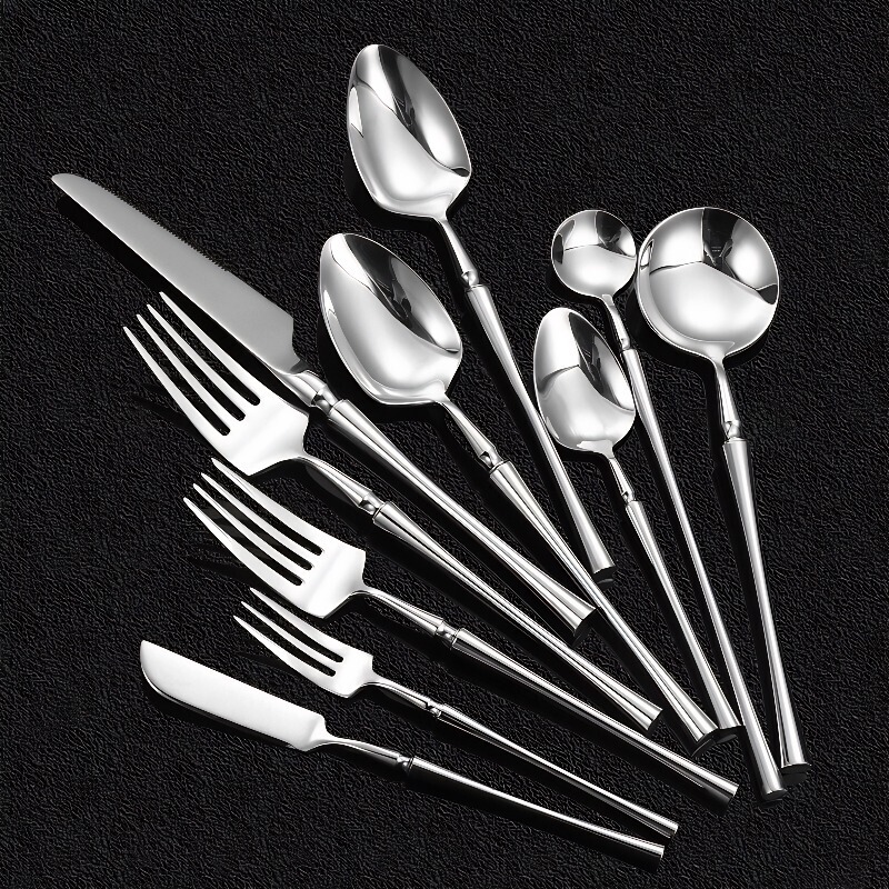 Cross-Border 304 Stainless Steel Knife, Fork, and Spoon Set for Hotel Desserts, Steak Knife and Fork, Long-Handled Spoon, Slim Waist Knife and Fork, Round Spoon