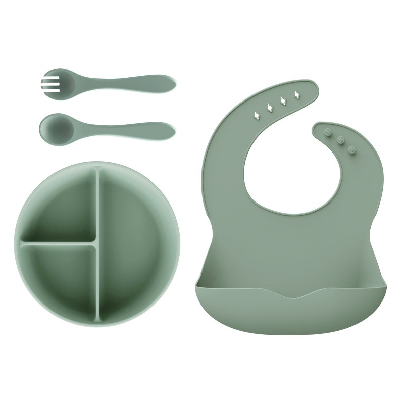 Alimentos de silicona set de cubiertos para niños cucharas blandas tenedor ventosa cuenco divisor de platos de comedor bib puede personalizar caja de regalo