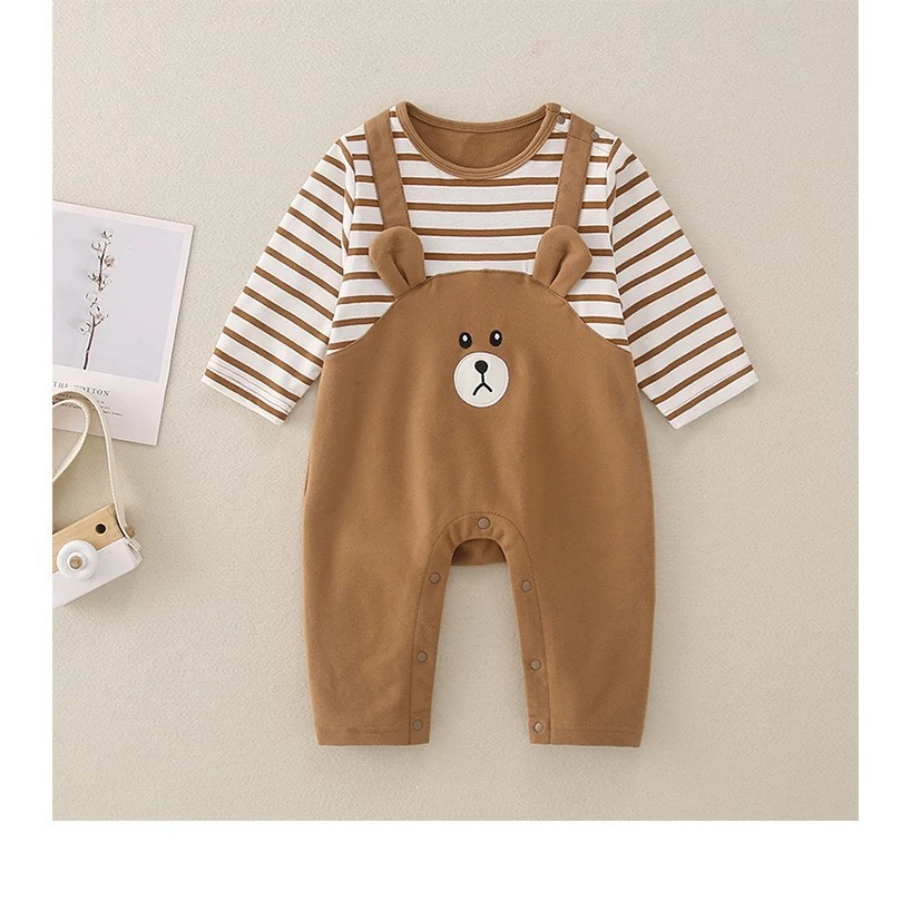 Ropa de primavera y otoño para bebés, oso de dibujos animados, falso dos piezas de primavera y otoño, mameluco de una pieza de bebé, mameluco de manga larga