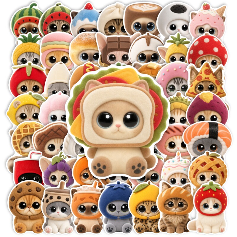 Cross-Border New Style 50-Piece Set of Big-Eyed Cat Stickers, Cartoon Cute Cat Stickers for Thermos Cups and Phone Cases, Creative Waterproof Stickers