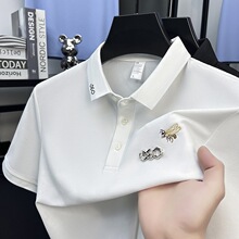 新款夏季男百搭修身透气刺绣男士半袖翻领T恤白色冰丝polo衫短袖