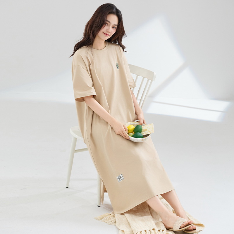 Pijama de verano de algodón de mangas cortas pijama de vestido largo bifurcado ropa de hogar suelta a rayas de gran tamaño se puede usar fuera