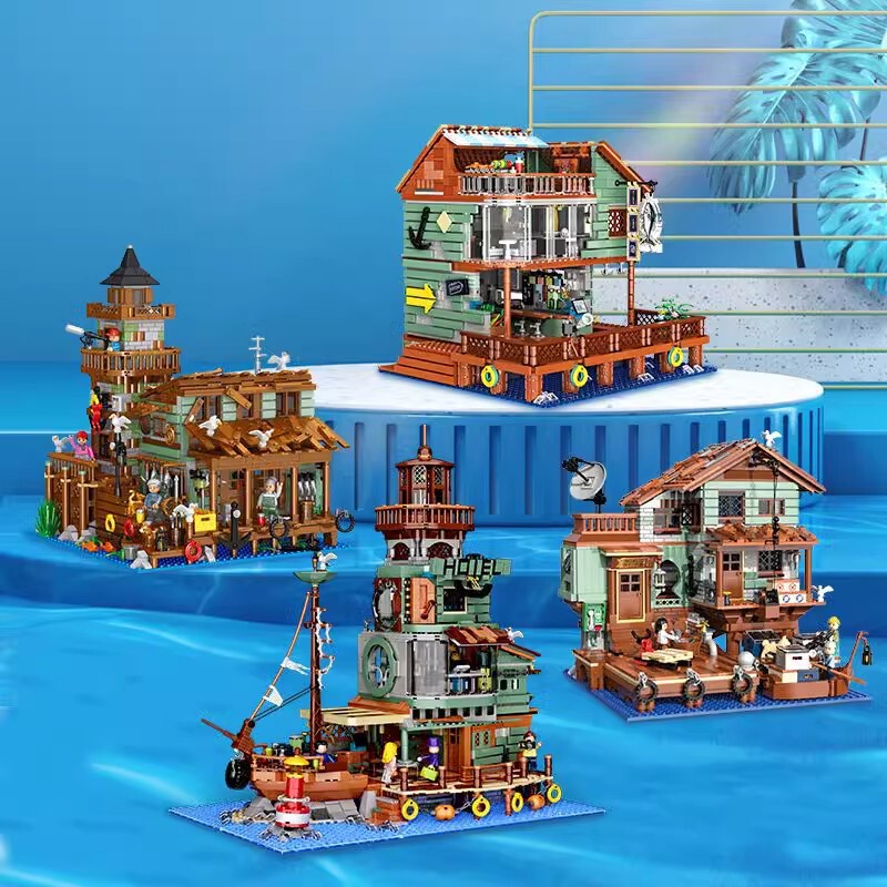 Zhegao Mini Granular 00981 00421 Fishing Village Cabin Fisherman's Wharf Seaport Restaurant Assembled Compatible Building Blocks