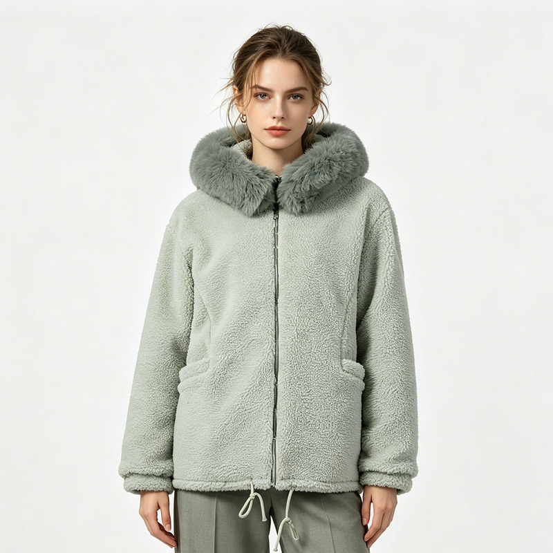 Winter Velvet Thickeneded Imitation Fur Outwear for Women, Warm and Windproof Fur Mid-Length Lamb Fur Outwear with Detachable Fur Collar