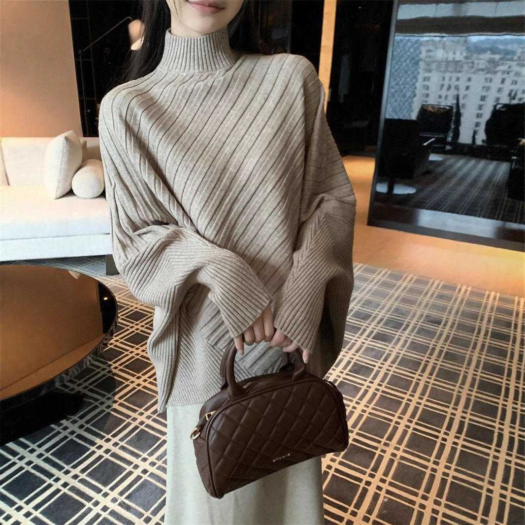 [Factory Direct Sale] Lazy Style Asymmetrical Half Turtleneck Loose Paper Man Pit Strip Bat Sleeve Knitwear for Women