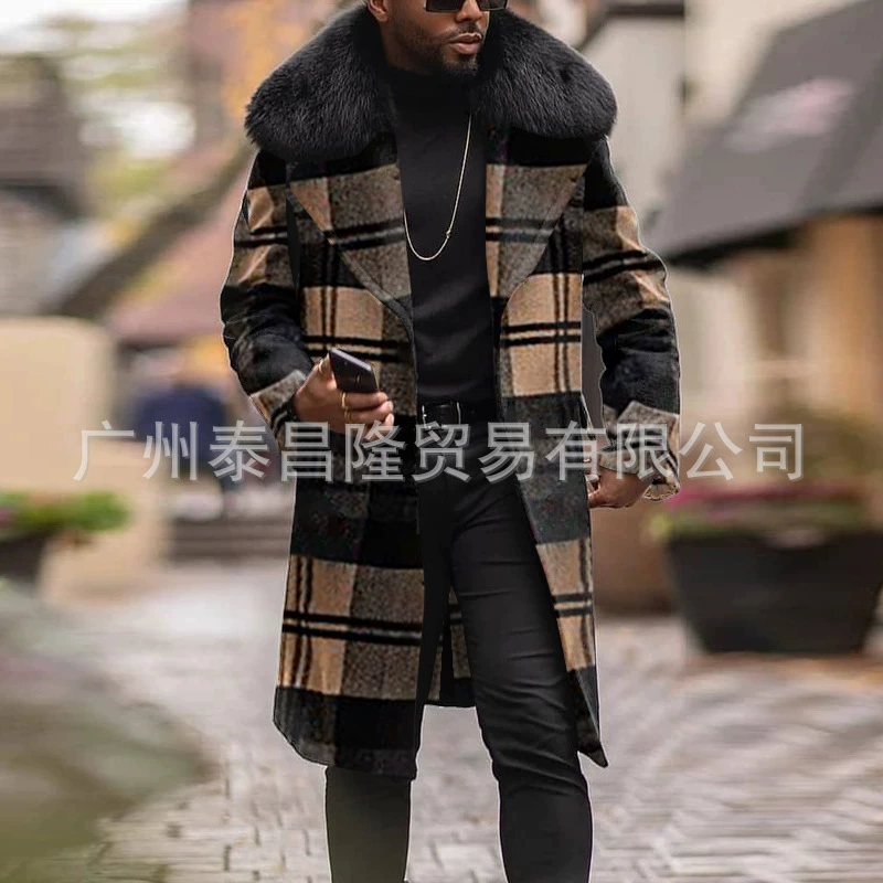 Популярная клетчатая ветровка на пуговицах Amazon с меховым воротником, шерстяная приталенная повседневная мужская верхняя одежда, куртка на складе