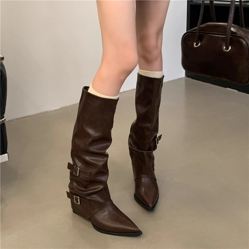 Thick-heeled, pointed-toe, wide-leg, new-style boot pants, wholesale for cross-border sales, solid-color, straight-leg boots with belt buckles, Korean-style women's boots for autumn and winter Thick-heeled, pointed-toe, wide-leg, new-style boot pants, wholesale for cross-border sales, solid-color, straight-leg boots with belt buckles, Korean-style women's boots for autumn and winter