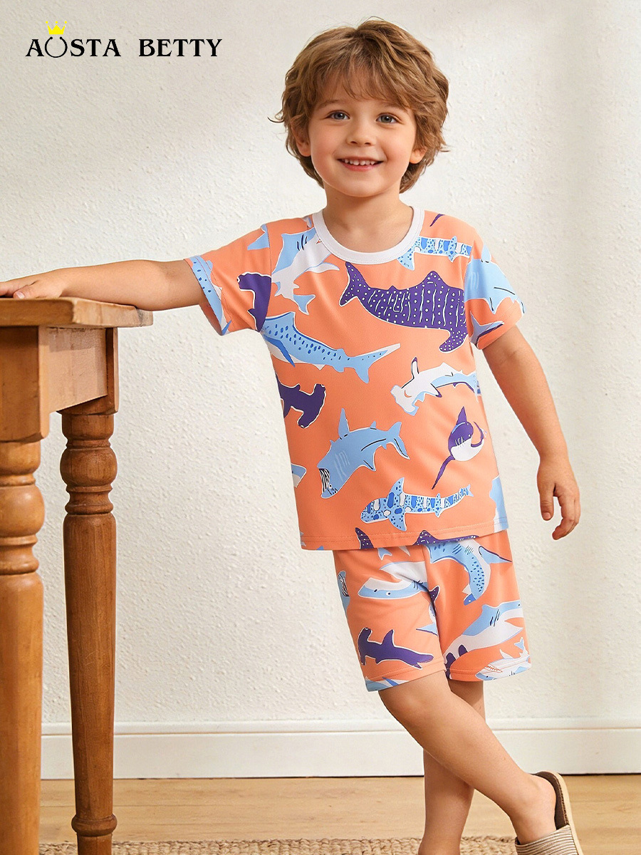 AostaBetty verano nuevo estilo niño ropa a domicilio de manga corta traje de dos piezas estilo europeo y americano cuello redondo casual para niños