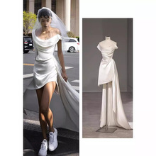 小众轻婚纱法式简约缎面一字肩高级感气质新娘白色旅拍短款小礼服