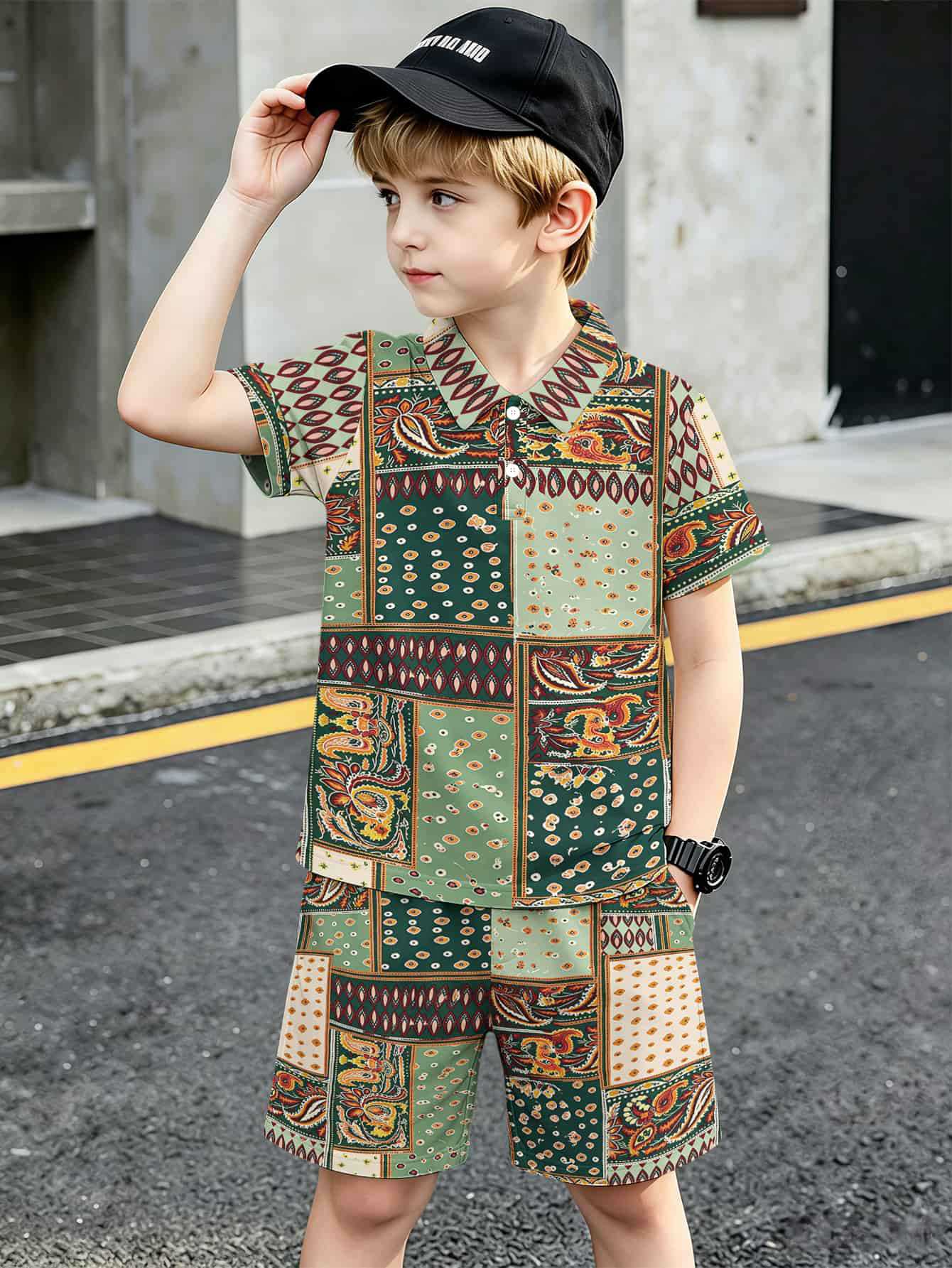 Ensemble polo et short style ethnique pour garçon européen_voghion.com