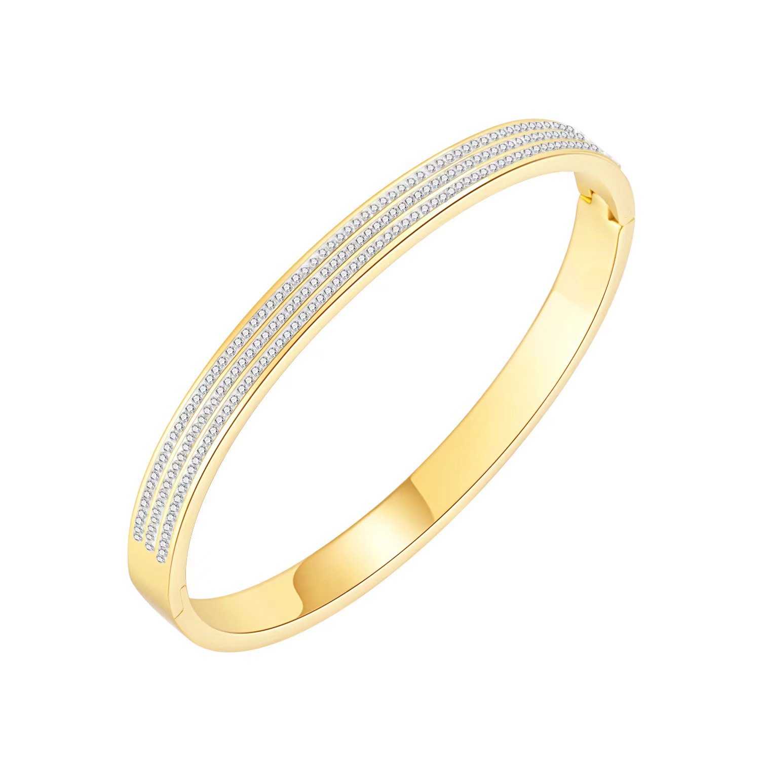 Nueva joyería de Yunyao: pulsera sencilla con diamantes para mujer, pulsera de lujo abierta de titanio y acero con tres filas de diamantes en oro rosa, venta al por mayor. image 4