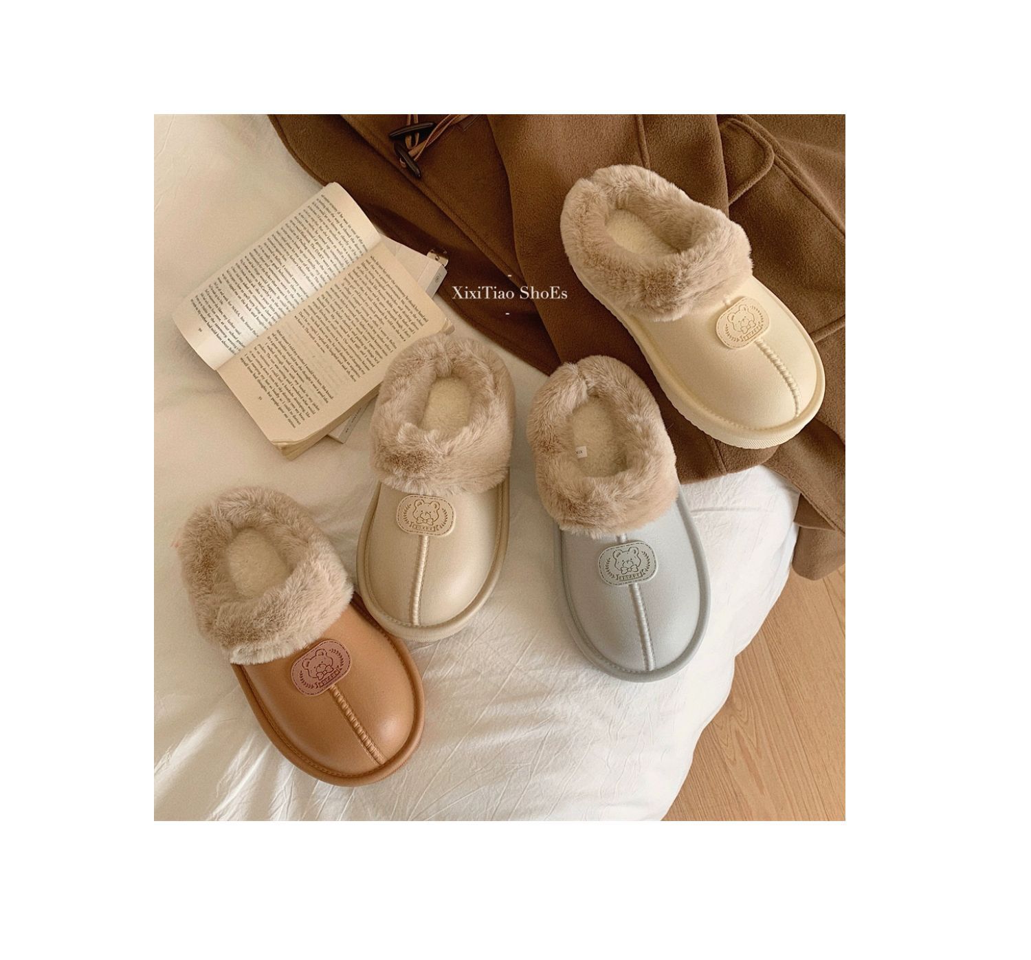 Korėjietiško stiliaus madingi drabužiai viduje ir lauke su pašiltinimu ir patogiomis medvilninėmis šlepetėmis, pliušiniu minkštu padu, paprasti_voghion.com