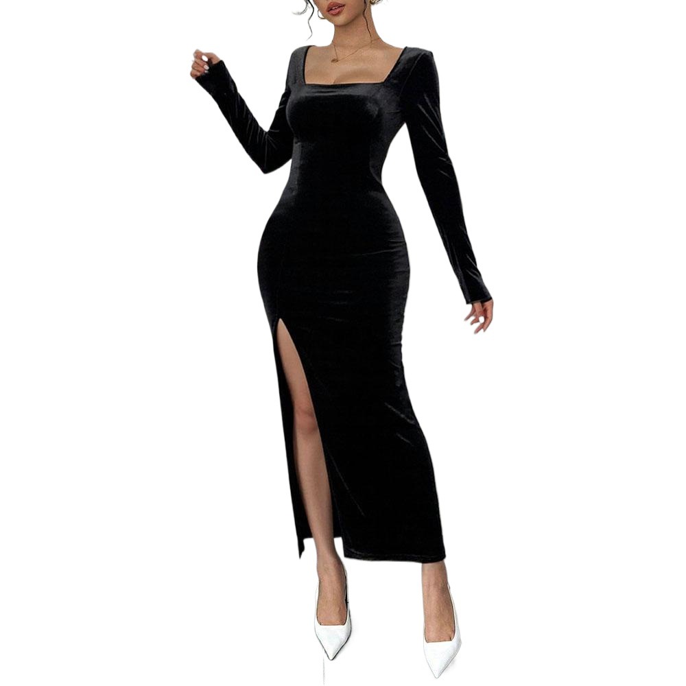 Women's Elegant Square-Neck Long-Sleeve Maxi High Waist Dress