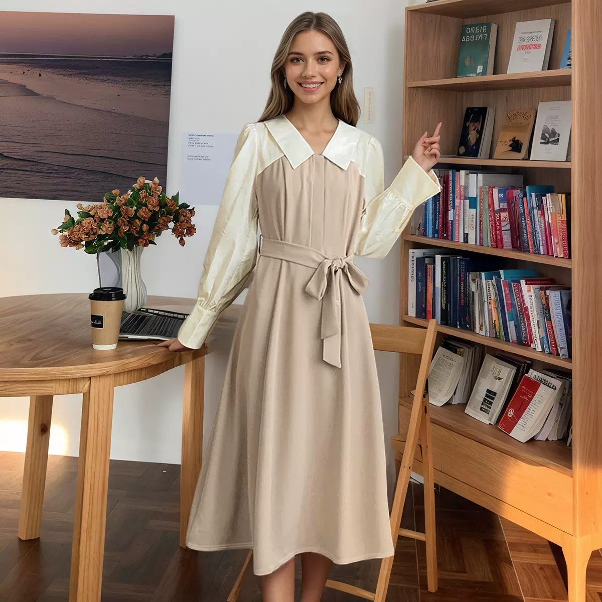 亚马逊速卖通法式撞色拼接polo领收腰显瘦优雅气质长袖连衣裙