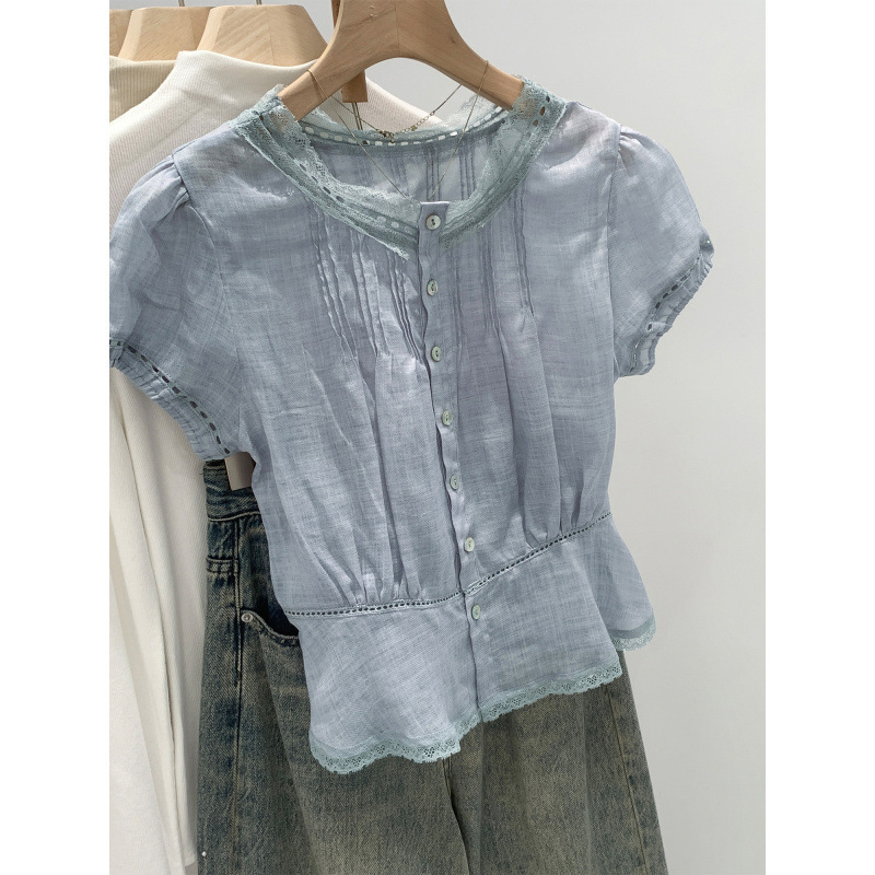 European-Style Gentle Lace Patchwork Puff Sleeve Chiffon Blouse for Women, New Summer Model, Lyocell Tencel Ramie Short Top