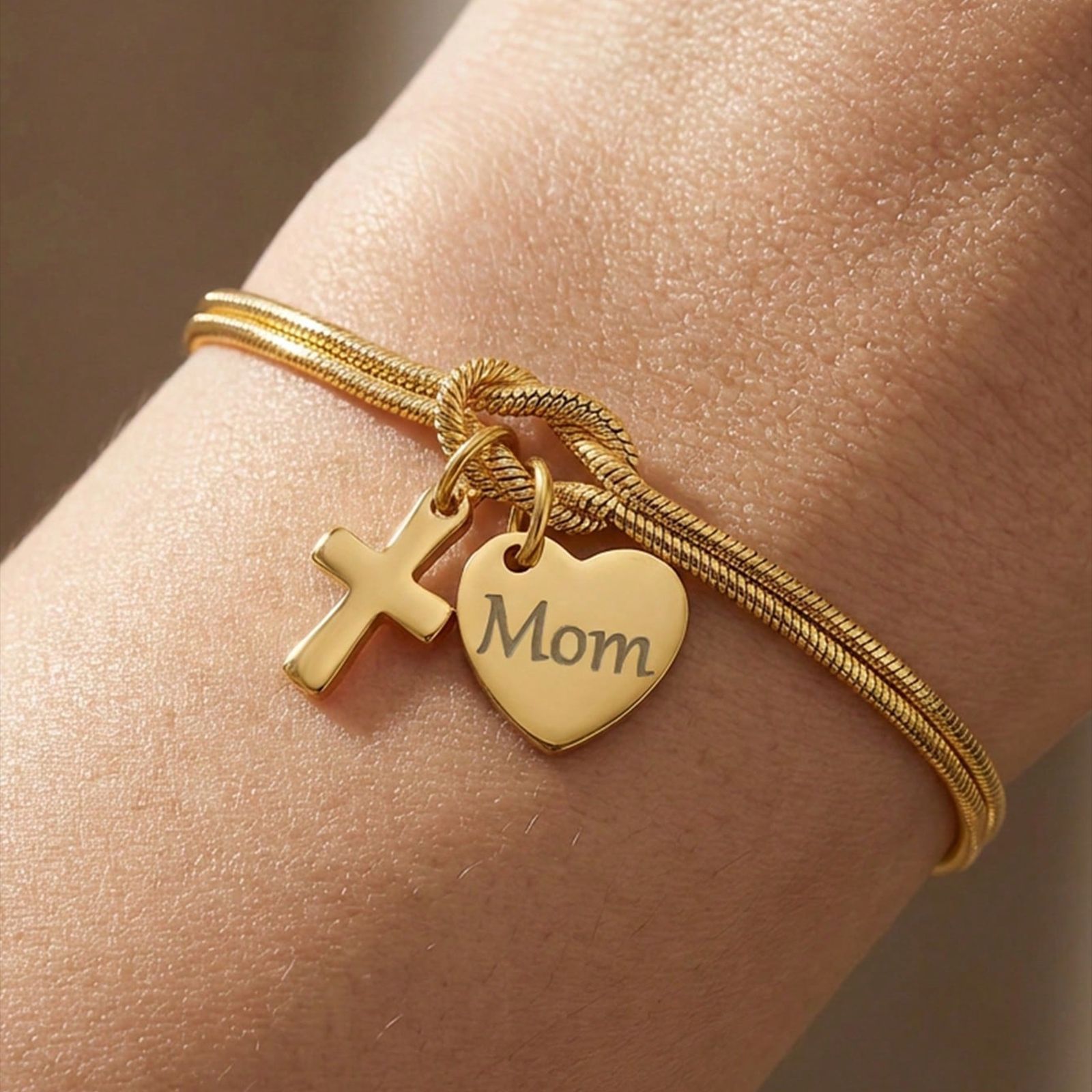 Concentric Knot Snake Bone Bracelet With Heart Cross Pendant_voghion.com