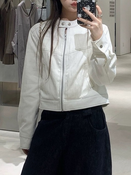 妮式look 立领明线设计感休闲夹克女秋韩系短款外套白色藏青色|undefined