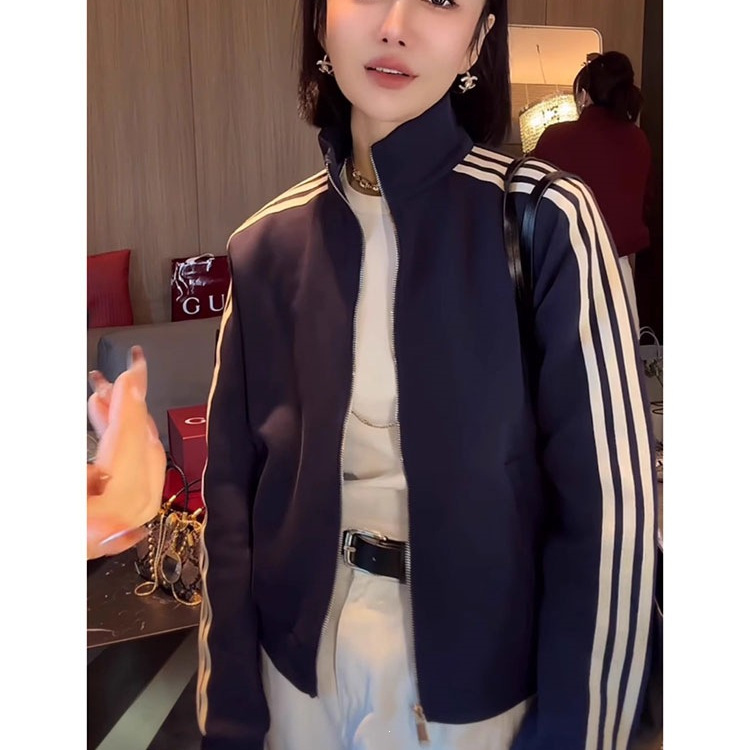 American-style three-stripe long-sleeve stand-collar spring and autumn sweatshirt for women, casual sports short baseball jacket