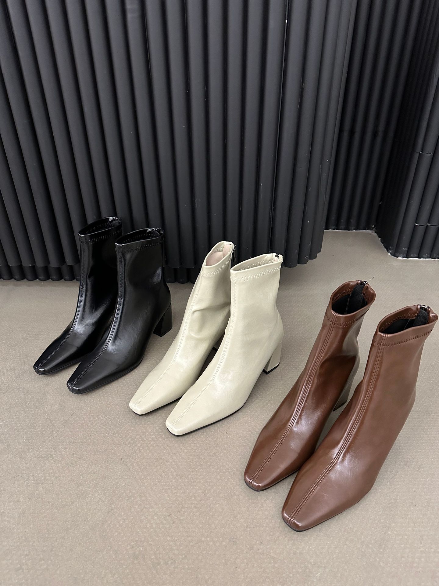 ShoeVault Korean Style Minimalist Soft Leather Stretch Slim Bare Square Toe Chunky High Heel Short Slimming Height Increasing_vogvips.com