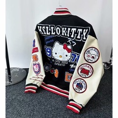 潮牌春秋美式复古KT猫徽章刺绣拼接棒球服男女国潮宽松立领外套