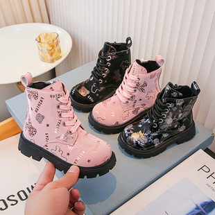 Girls Martin Boots 2024 Autumn and Winter Korean Style Little Girls Printed Soft Soled Princess Boots Fashionable Short Fashion Boots Cute