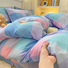 日系格子ins无印风四件套简约百搭纯棉色织水洗棉三件套一件 批发