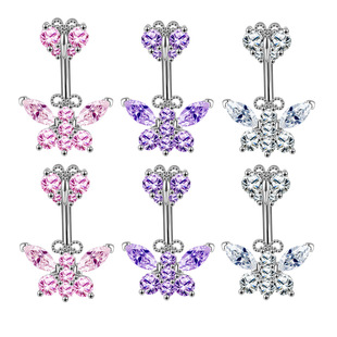 Cross-Border Products European and American Piercing Personalized Jewelry New Style Zircon Belly Button Nail Double Butterfly Belly Button Ring Manufacturer Ready Stock