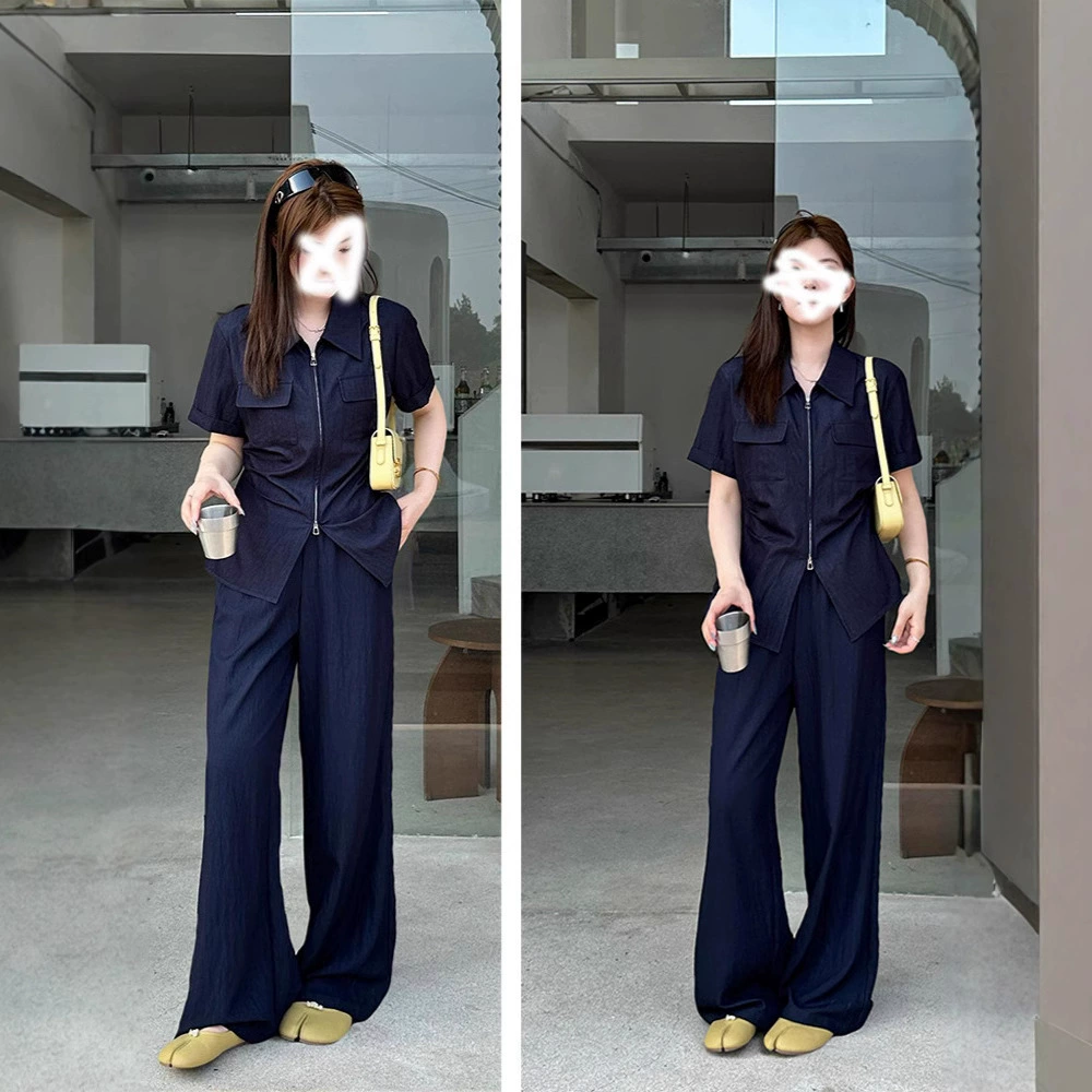 [Готовый запас] 5511, женский летний костюм больших размеров, утягивающий костюм с короткими рукавами, широкие брюки, комплект из двух предметов